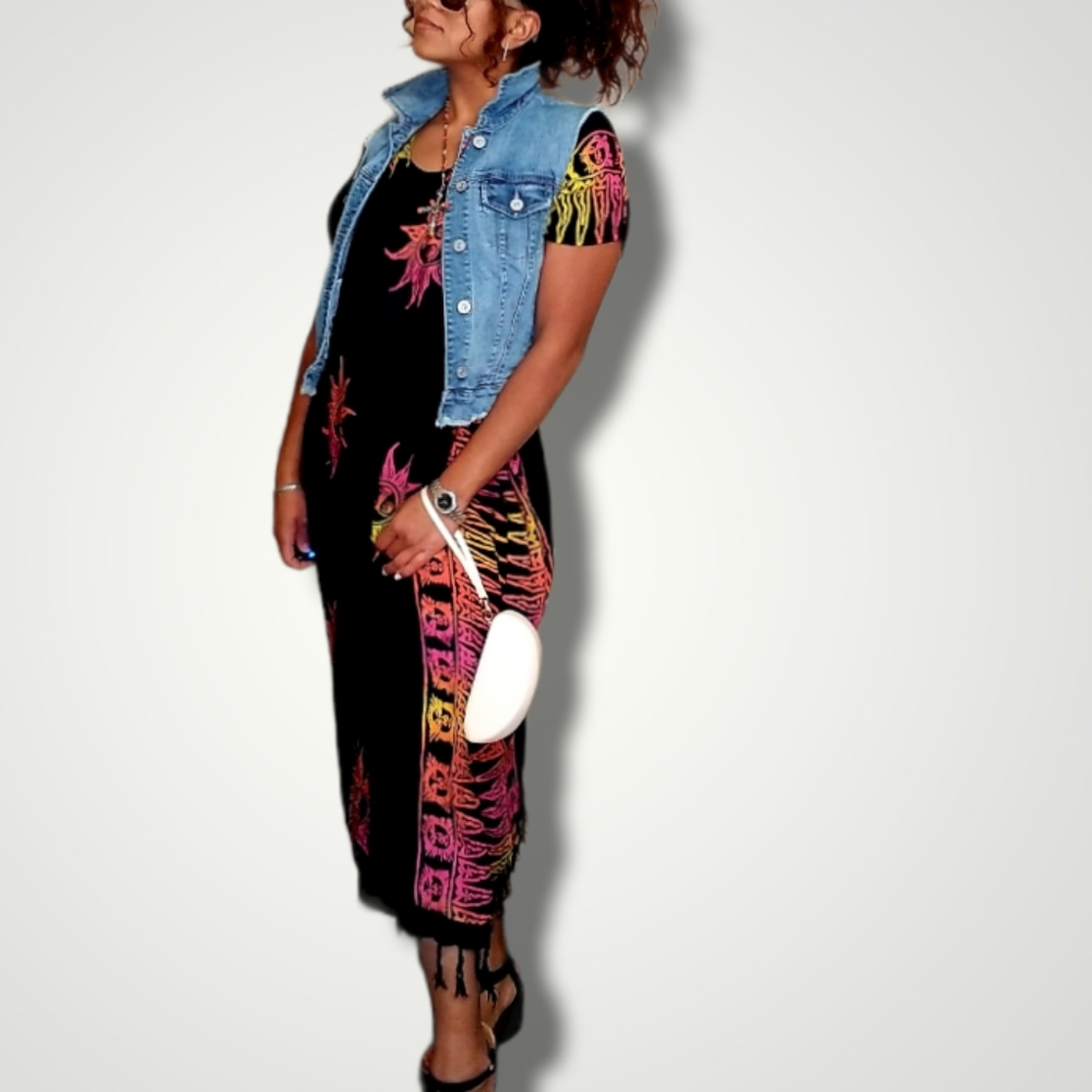 (SET) Caftan long black dress with denim jacket